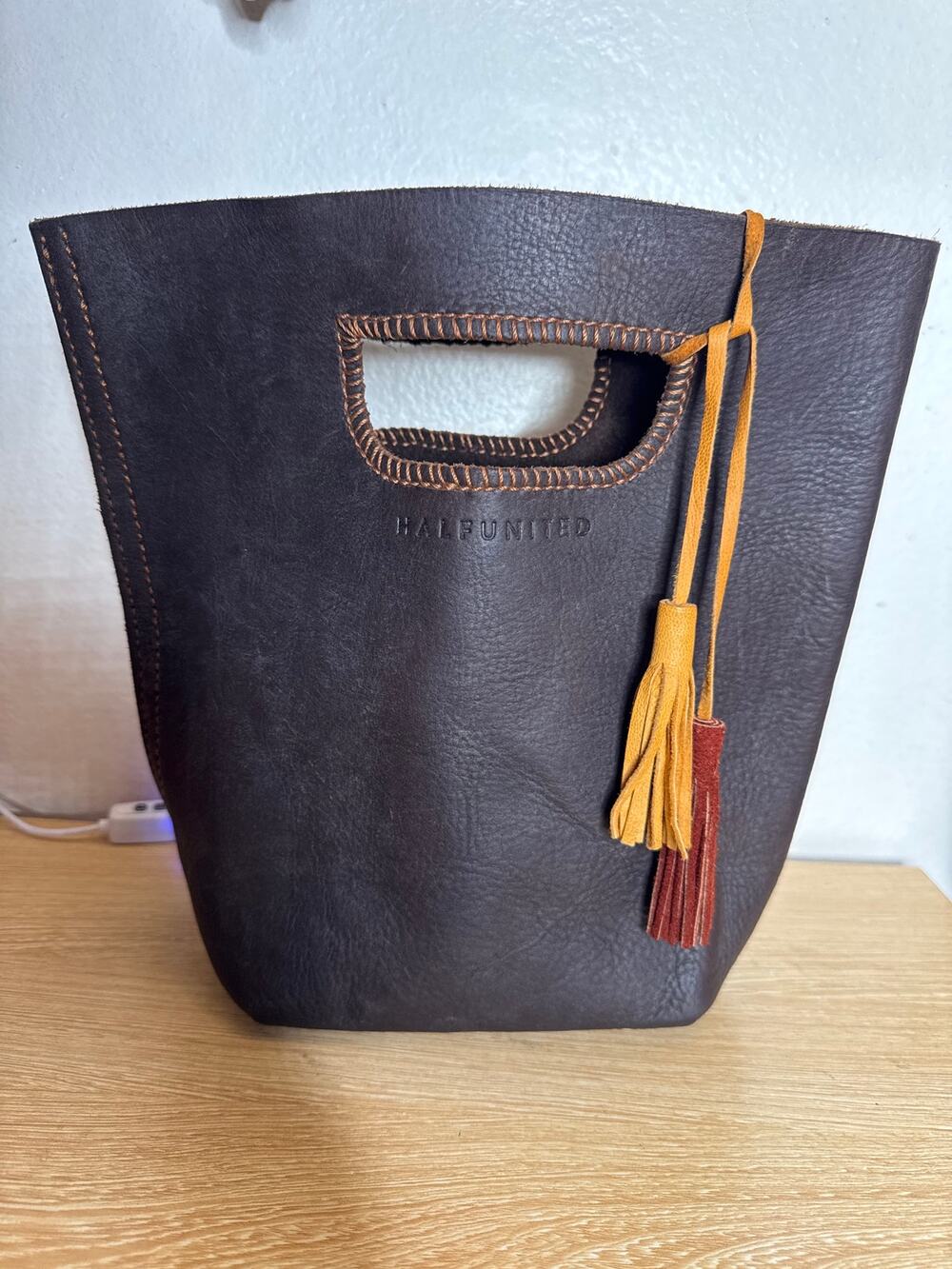 Johnny Was x Half United Leather Bucket Bag Stitch Detail Boho Dark Brown